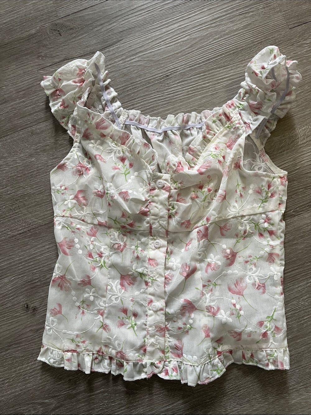 SHEIN White Floral Ruffle Crop Top with Pink & Green Accents